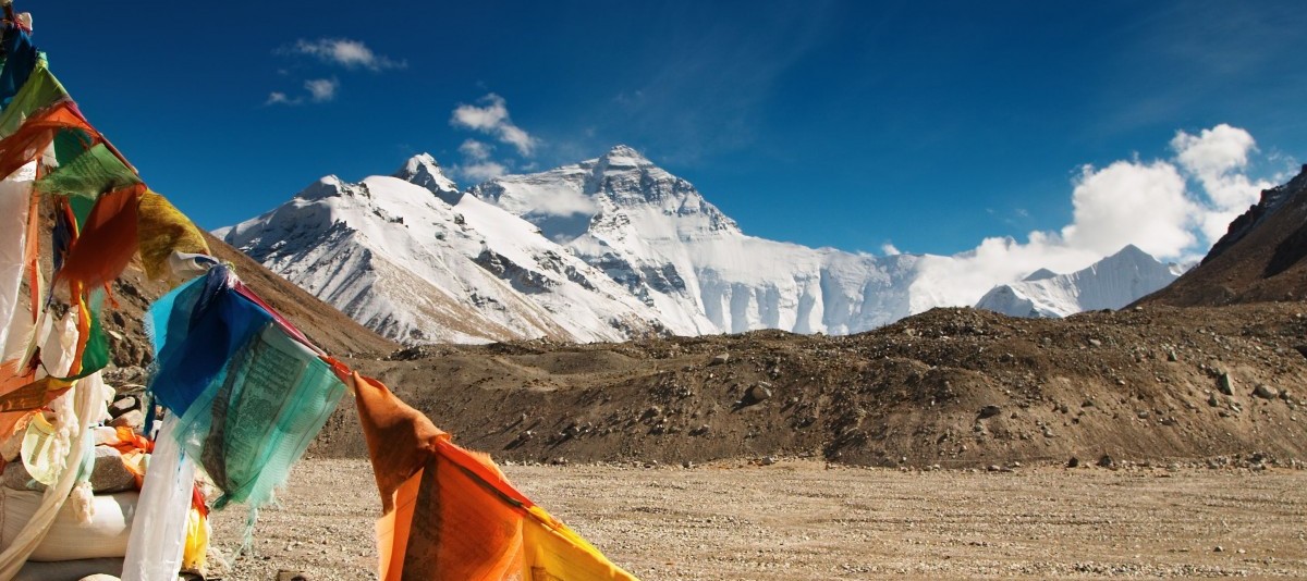 Buddhist prayer flags and mount Everest